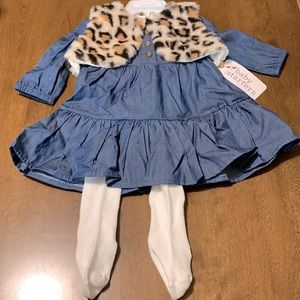 3 pieces. 6 mos  NWT  Denim look dress with removable animal print vest & tights